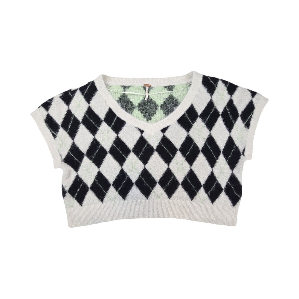 Free People Argyle V-Neck Crop Sweater Vest Black White Green M Fuzzy Streetwear